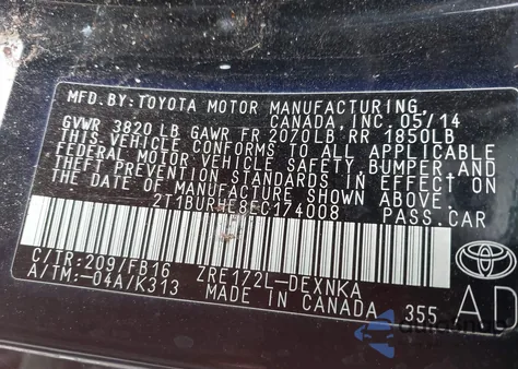2014 Toyota Corolla Le z USA, uszkodzony, nr VIN 2T1BURHE8EC174008